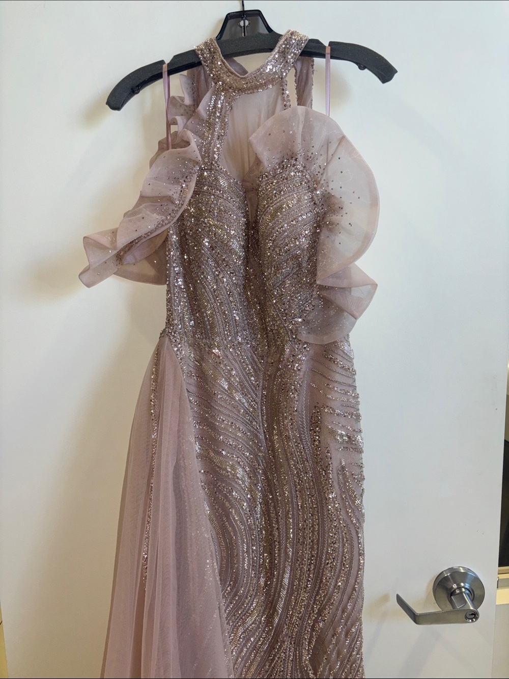 Catwalk Couture 50294 Champagne Halter Gown with ruffled off shoulder strap.